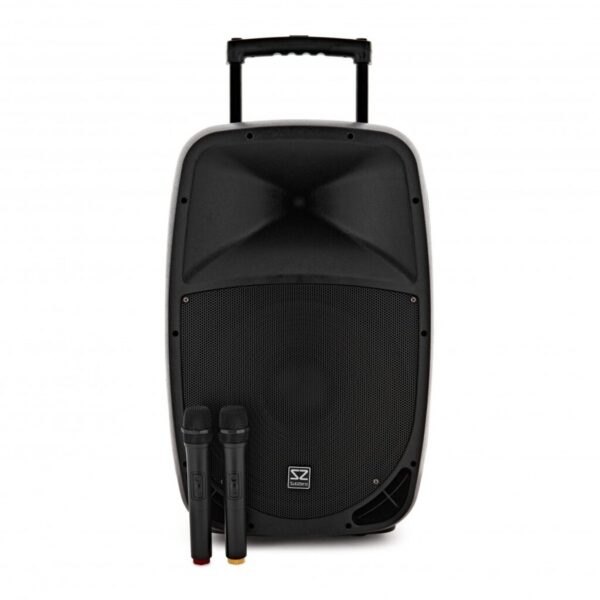 SUBZERO SZPA-P15 Cassa PA a batterie portatile 15" con 2 radiomicrofoni, mp3, bluetooth e trolley 320 watt